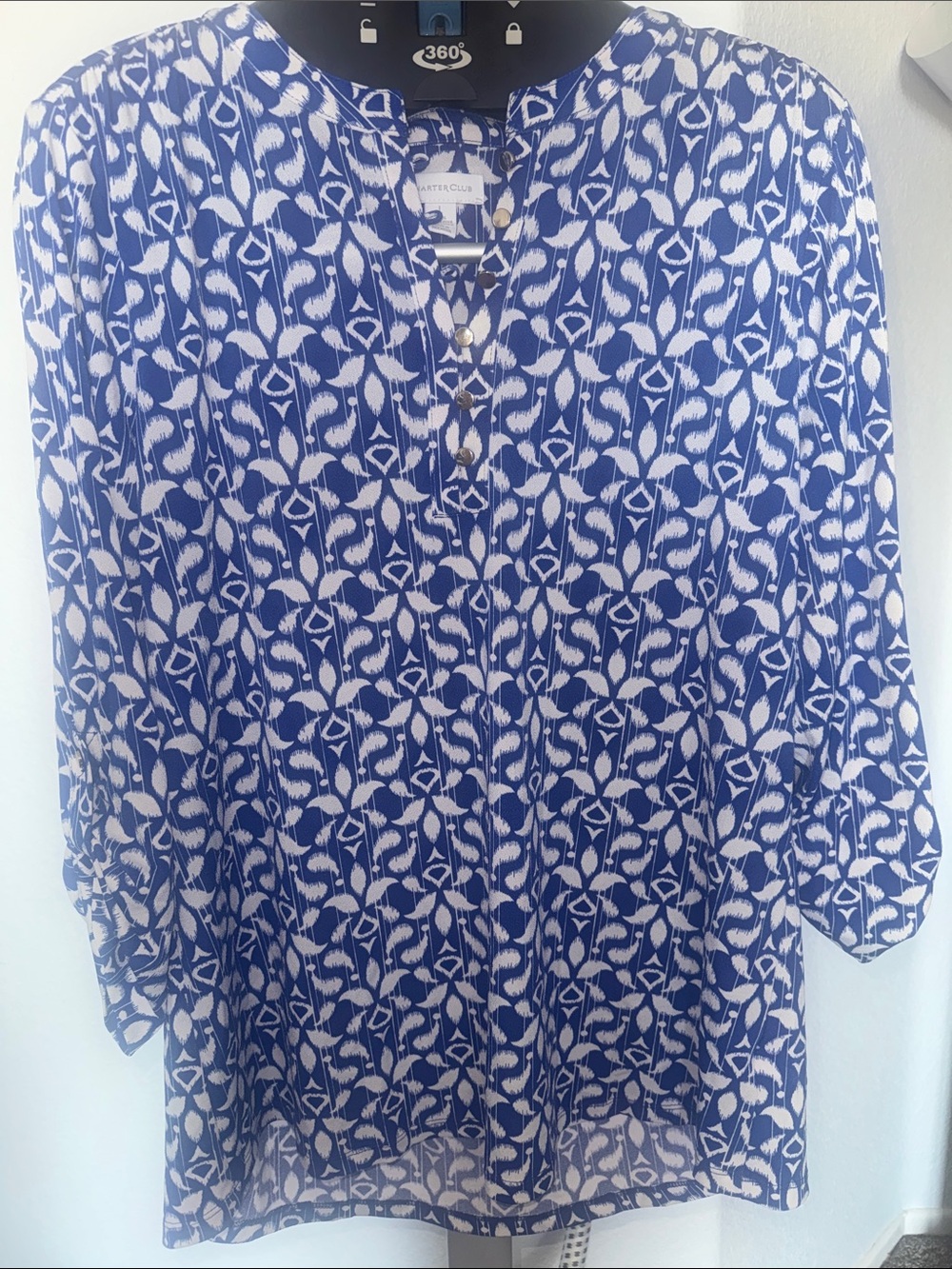 Charter Club Blue and White Printed V-Neck Top with Gold Accents